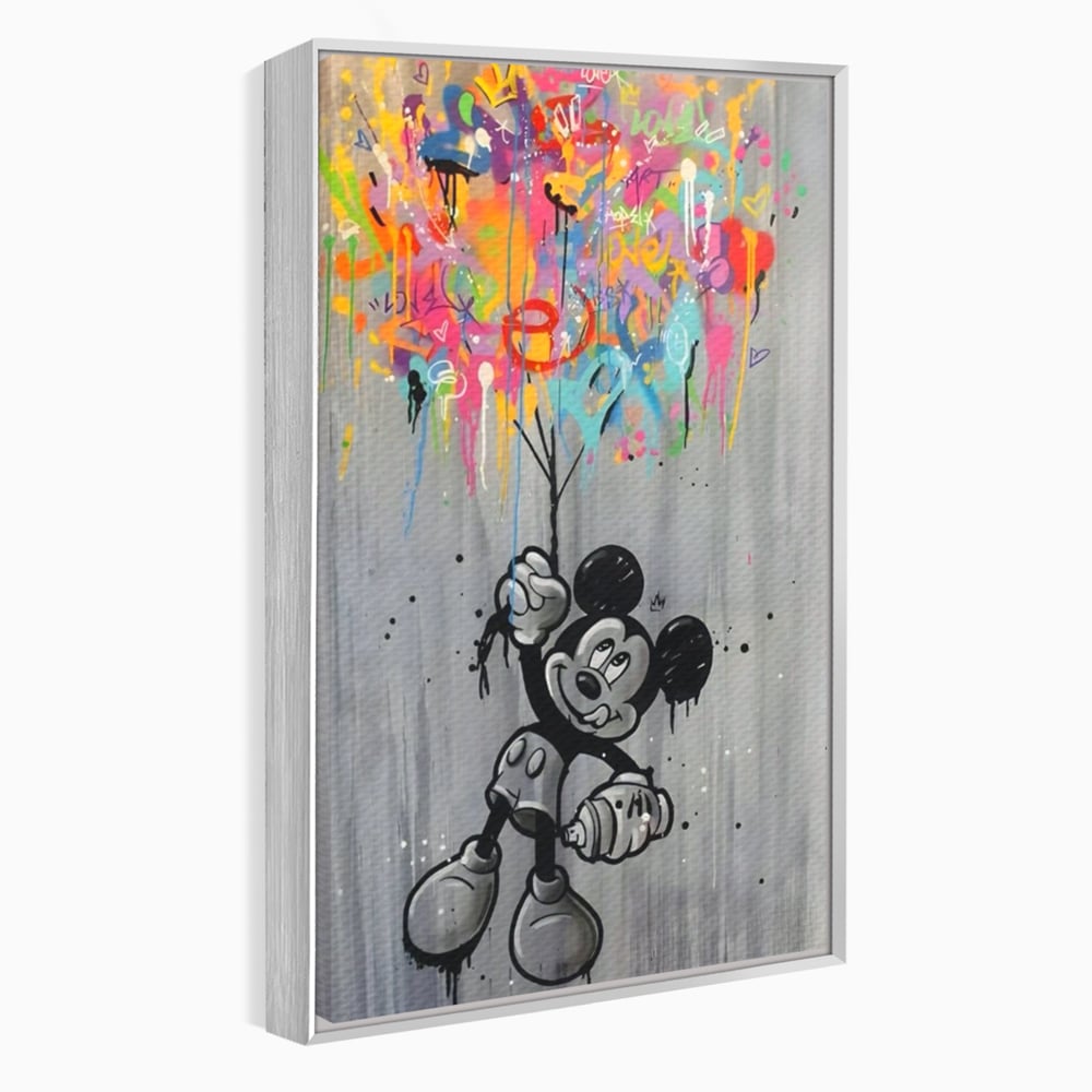 Tablou canvas cu tablou canvas cu mickey mouse si baloane, in rama de aluminiu argintiu